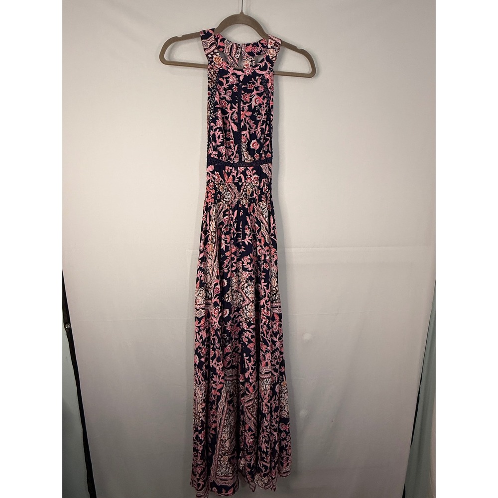 Floral Paisley Halter Maxi Dress Women Navy Blue Pink Smocked Waist Crochet Trim